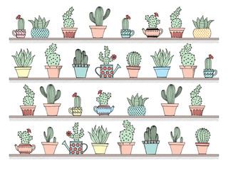 Colorful background with cute cactus set in simple hand drawn style. Cute cartoon potted cacti background. Vector illustration.