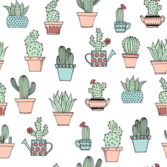 Colorful seamless pattern with cute cactus in simple hand drawn style. Cute cartoon potted cacti pattern. Decorative houseplants. Vector illustration.