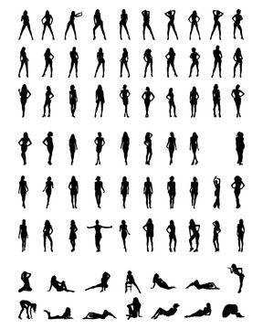 Black silhouettes of beautiful girls in various poses, vector