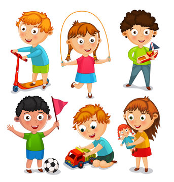 Kids are playing with toys. Boys are  riding a scooter, playing with a toy car and a ball. Girls are jumping rope and playing with a doll. Illustration