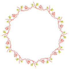 Elegant color round frame with bluebells and butterfly. Design element for advertisements, flyer, web, wedding and other invitations or greeting cards.Vector clip art.