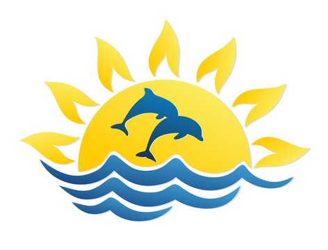 Logo of sun and sea with dolphins.
