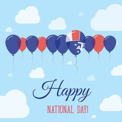 French Southern Territories National Day Flat Patriotic Poster. Row of Balloons in Colors of the French flag. Happy National Day Card with Flags, Balloons, Clouds and Sky.