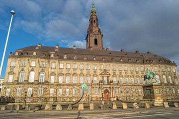 Christiansborg Palace illuminated in early morning, Copenhagen,
