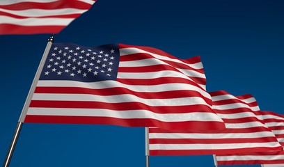 USA flag on clear blue sky, photo realistic waving flag made by 3D graphics with depth of field blur, ultra high 42MP resolution