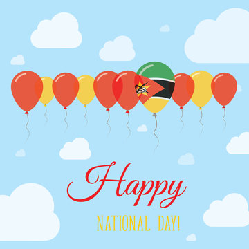 Mozambique National Day Flat Patriotic Poster. Row of Balloons in Colors of the Mozambican flag. Happy National Day Card with Flags, Balloons, Clouds and Sky.