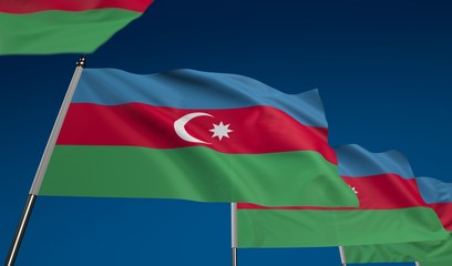 Azerbaijan flag on clear blue sky, photo realistic waving flag made by 3D graphics with depth of field blur, ultra high 42MP resolution