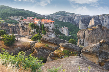 Fototapeta na wymiar Meteora Monastery Greece. Panoramic view of Varlaam, Roussanou and Agios Stefanos Monastery, Meteora, Trikala region