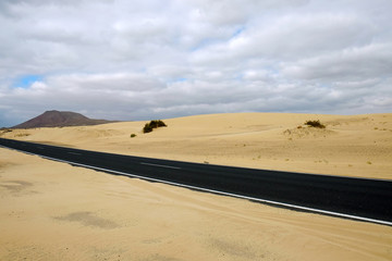 Fototapeta na wymiar View on the road in the dunes of the natural park of Corralejo on Fuerteventura, Spain.