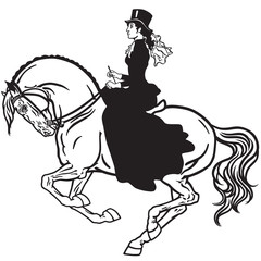 lady sitting on a horse. Woman side-saddle horseback riding. Black and white isolated vector