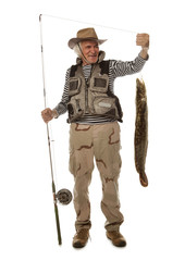 Senior fisherman with big fish - burbot, codfish (Lota lota) iso