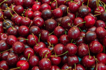 Ripe red cherries in the market on the counter