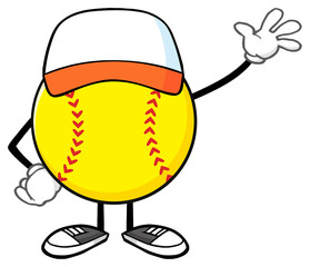Softball Faceless Cartoon Mascot Character With Hat Waving For Greeting