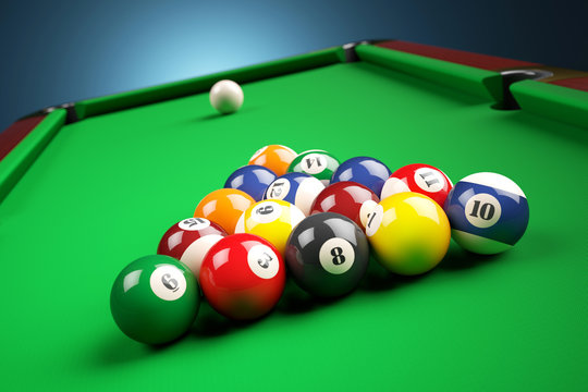 Snooker billiard pyramid on green table. 3d illustration