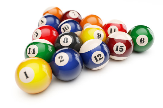 Pool billiard balls pyramid isolated on white background 3d