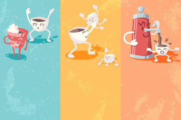 Grunge banners with cute coffee cup. Vector illustration.