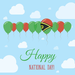 Naklejka premium Płaski plakat patriotyczny z okazji Narodowego Dnia Vanuatu. Rząd balonów w kolorach flagi Ni-Vanuatu. Karta Happy National Day z flagami, balonami, chmurami i niebem.