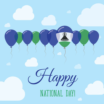 Lesotho National Day Flat Patriotic Poster. Row of Balloons in Colors of the Mosotho flag. Happy National Day Card with Flags, Balloons, Clouds and Sky.