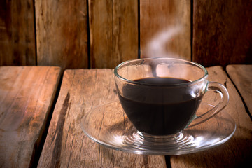 coffee glass on wooden table.