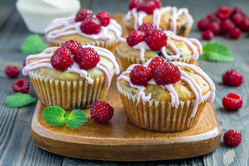 Banana bread muffins with raspberries, cherries and white chocolate, horizontal