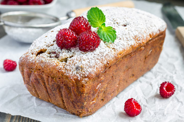 Banana bread with raspberries, cherries and white chocolate, horizontal