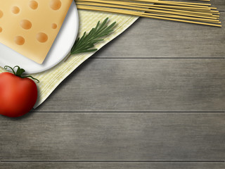 Country mockup. Rustic still life. Tomato, spaghetti, rosemary, cheese.