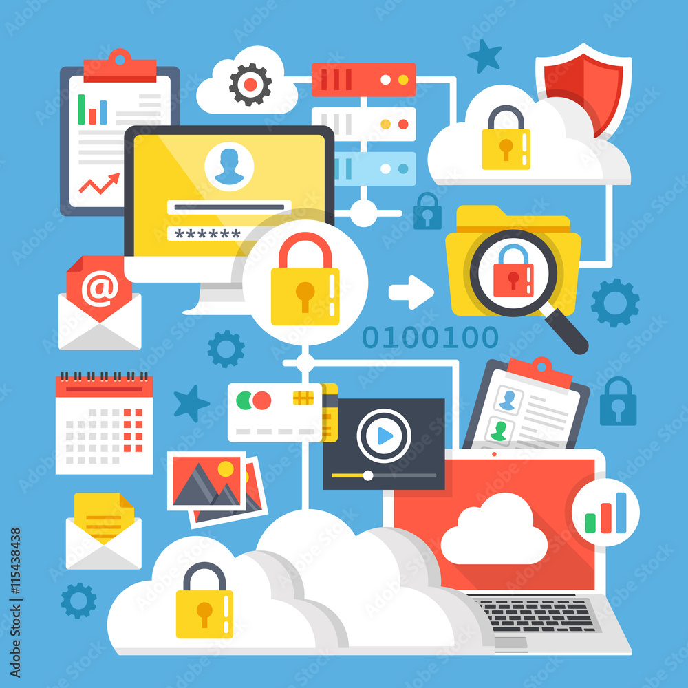 Poster cloud computing, cloud storage flat design concepts. modern graphic elements and icons set. vector i