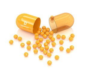 3d rendering vitamin D capsule lying on white