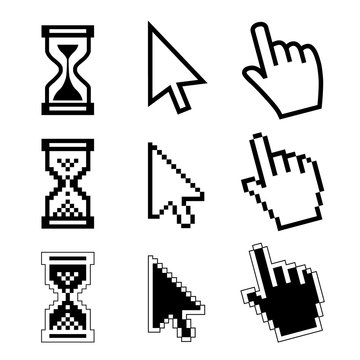 Vector icon hand, cursor and hourglass on white background.