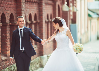 Happy bride and groom on their wedding day