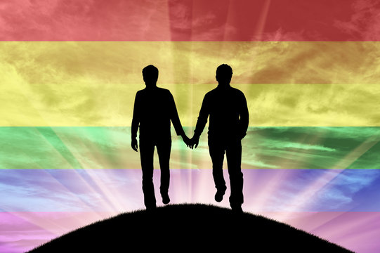 Silhouette of happy couple gay men