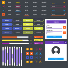 Flat Mobile Web UI Kit with buttons state. Menu variations. Web Mobile design elements.