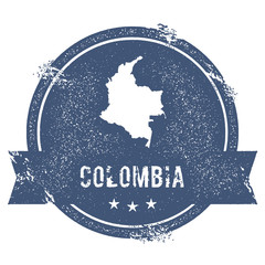 Colombia mark. Travel rubber stamp with the name and map of Colombia, vector illustration. Can be used as insignia, logotype, label, sticker or badge of the country.