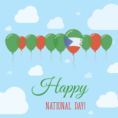 Naklejka premium Equatorial Guinea National Day Flat Patriotic Poster. Row of Balloons in Colors of the Equatorial Guinean flag. Happy National Day Card with Flags, Balloons, Clouds and Sky.