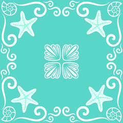 Seamless pattern. Ornate sea themed portuguese and brazilian tiles azulejos with starfish and shells in turquoise color. Spanish talavera tiles. Abstract background. Vector illustration, eps10.  - 115446026