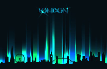 Neon London skyline detailed silhouette, vector illustration