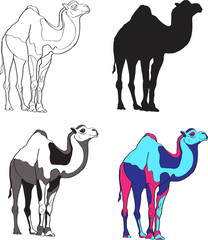 illustration depicting camels, made contour, silhouette, black and white spots and bright colors