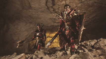 Attack of powerful knights in heavy armor on the dungeon backgro