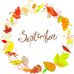 September lettering in a frame of leaves, cones, twigs, autumn elements and templates on a white background