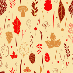 Vector seamless pattern with leaf, berries, blades of grass, autumn elements and templates. ocher, red, brown background. autumn hipster background. Bright pattern. Autumn template.