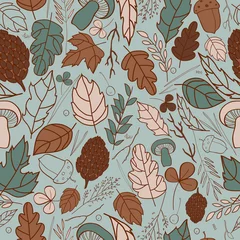 Poster Vector seamless pattern with leaf, berries, blades of grass, autumn elements and templates. blue, brown, beige on a gray background. autumn hipster background. Bright pattern. Autumn template. © Margosoleil