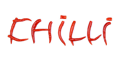 Chilli word made from ripe red chilli peppers on white backgroun