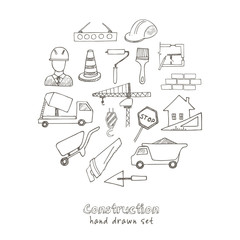 Set of doodle sketch Architecture Construction Building icons