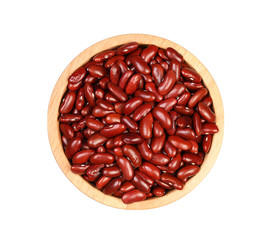 Top view Red beans on wooden bowl isolated on white background