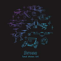 Hand drawn element drone and controller connecting.