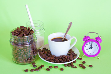 Breakfast Time: espresso, coffee bean and sugar