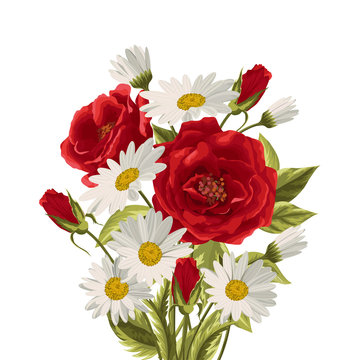Beautiful white daisies and red roses