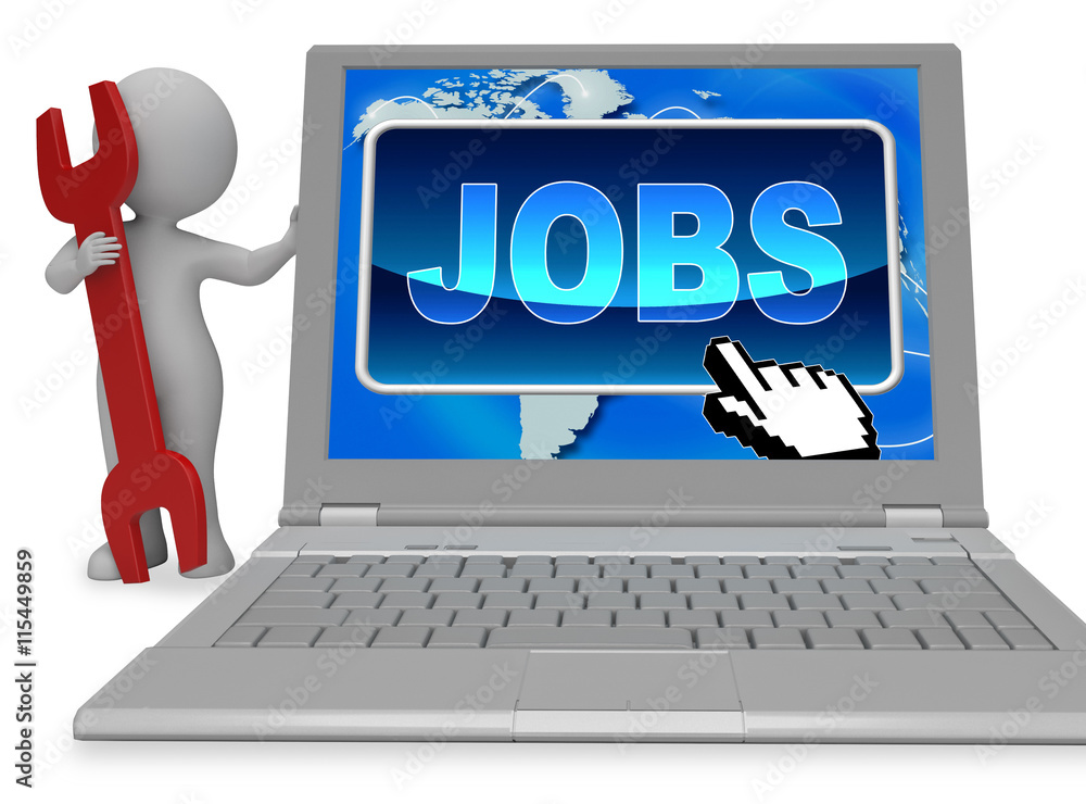 Poster jobs button represents world wide web and work 3d rendering