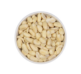 Top view peanuts peel off in white bowl isolated on white backgr