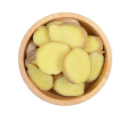 Top view Greater Galangal in wood bowl on white background